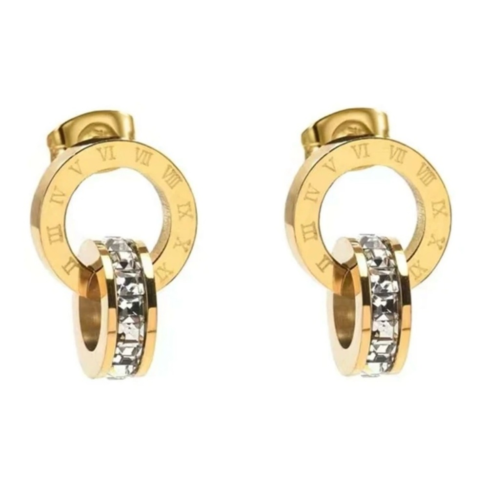 New Stainless Steel Square Roman Numeral Double Hoops Earrings. Color Gold